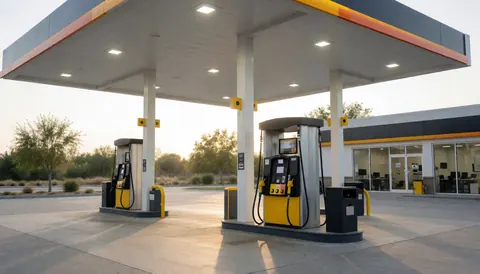 Modern gas station with canopy, fuel pumps, and clean pavement, ideal for website hero section