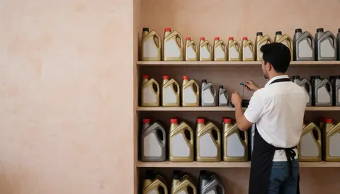 Employee organizing motor oil bottles on a shelf in a gas station with light plaster walls and space for text on the left