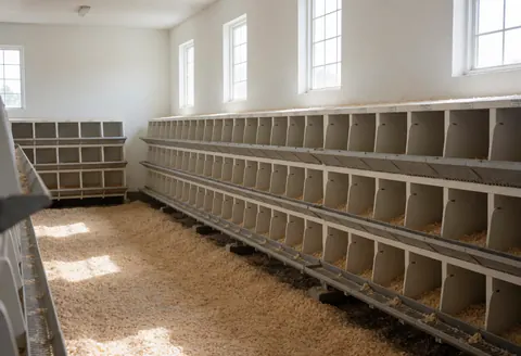 Rows of metal nesting boxes in a clean poultry farm with wood shavings on the floor and natural light from high windows