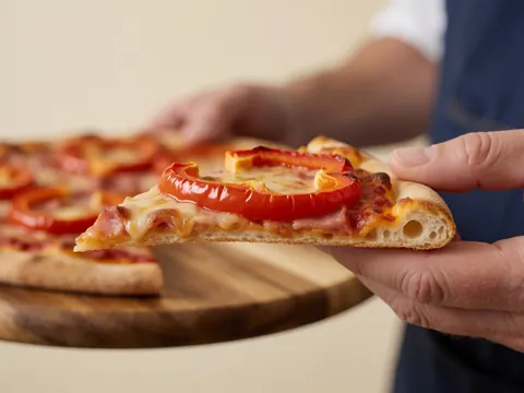 A slice of pizza topped with cucumber and a crispy crust held by hands over a wooden board in a pizzeria