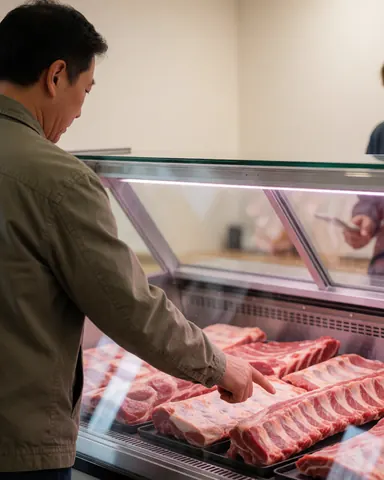 Customer choosing fresh ribs in a refrigerated display case at a butcher shop