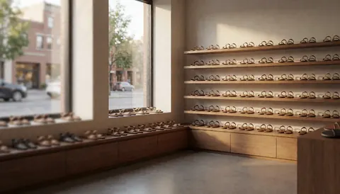 Wooden shelves holding rows of sandals in a shoe store with natural light from windows and polished concrete flooring