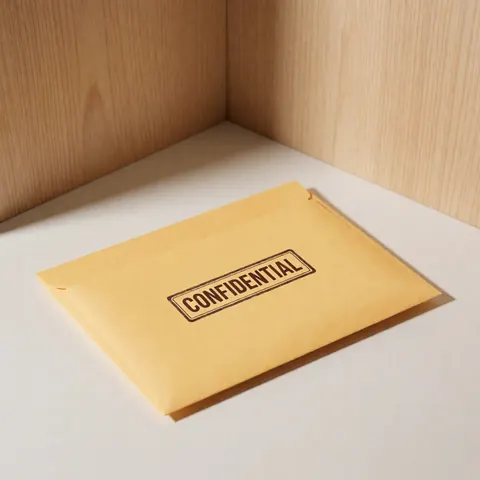 A brown envelope marked confidential rests on a white surface with light wood panels in the background, suitable for courier services.