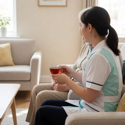 Professional caregiver serves tea to an elderly resident in a modern living room with clean furniture and beige walls.