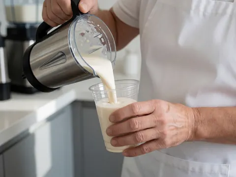 Hand pouring a milkshake from a blender into a plastic cup, wearing a white apron against a light gray wall in a realistic ice cream shop setting.