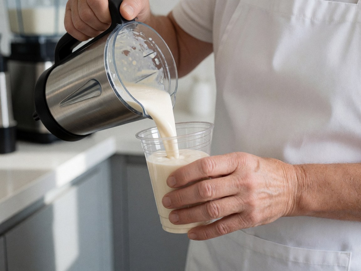 Hand pouring a milkshake from a blender into a plastic cup, wearing a white apron against a light gray wall in a realistic ice cream shop setting.