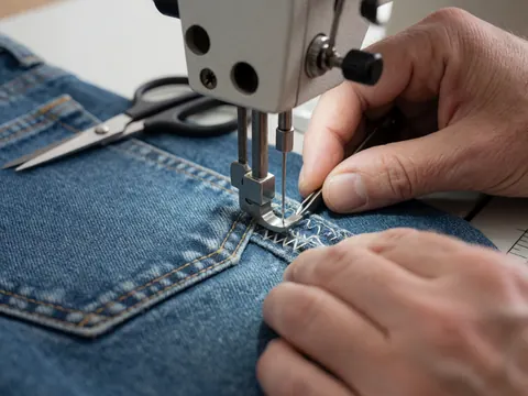 Close-up of a bar tacker sewing machine stitching a pocket on blue denim jeans with scissors nearby, highlighting industrial garment factory details