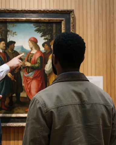 A customer observes a Renaissance painting while a guide points out details in a museum setting with wooden walls and soft lighting.