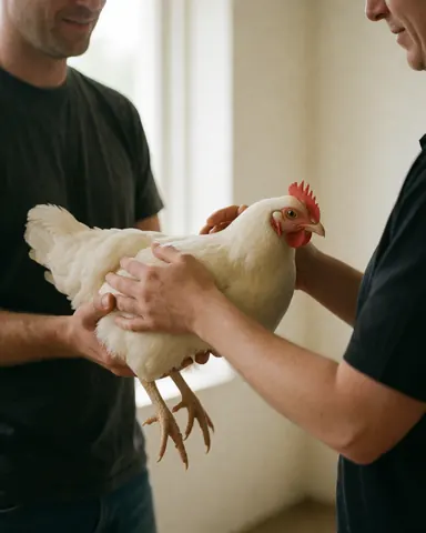 Close-up of hands checking a white chicken in a clean natural setting suitable for poultry farming operations.