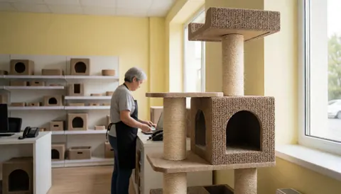 A cardboard and sisal cat climbing structure displayed in a pet store with yellow walls and a person working at the counter.