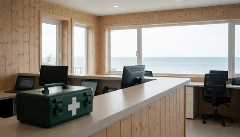 Reception desk at a dive center featuring a first aid kit, computers, and a view of the sea, conveying a professional and safe atmosphere.