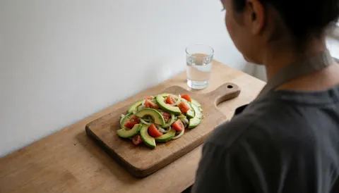 Fresh avocado and tomato salad served on a rustic wooden board, viewed from behind, perfect for a seafood restaurant cover image