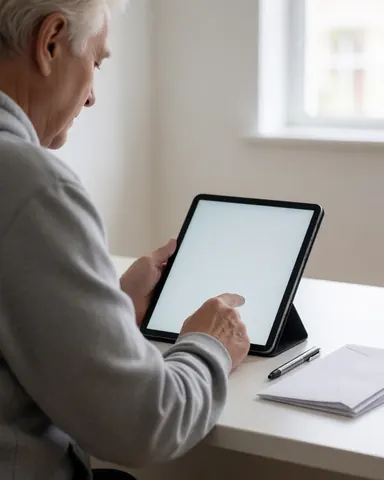 A senior customer reviews a tablet on a desk near envelopes and a pen in a bright office.