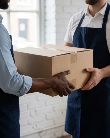Two workers in a textile factory deliver a cardboard box of clothing against a white brick wall with natural light.