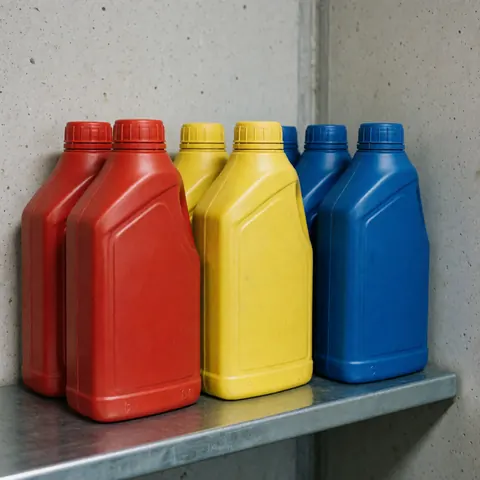 Red, yellow, and blue oil bottles arranged on a metal shelf against a concrete wall, suitable for gas station product display.