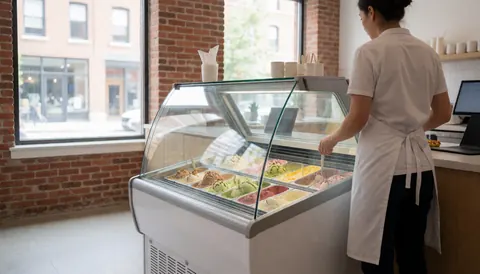 A person serving ice cream from a glass freezer in a shop with brick walls and windows
