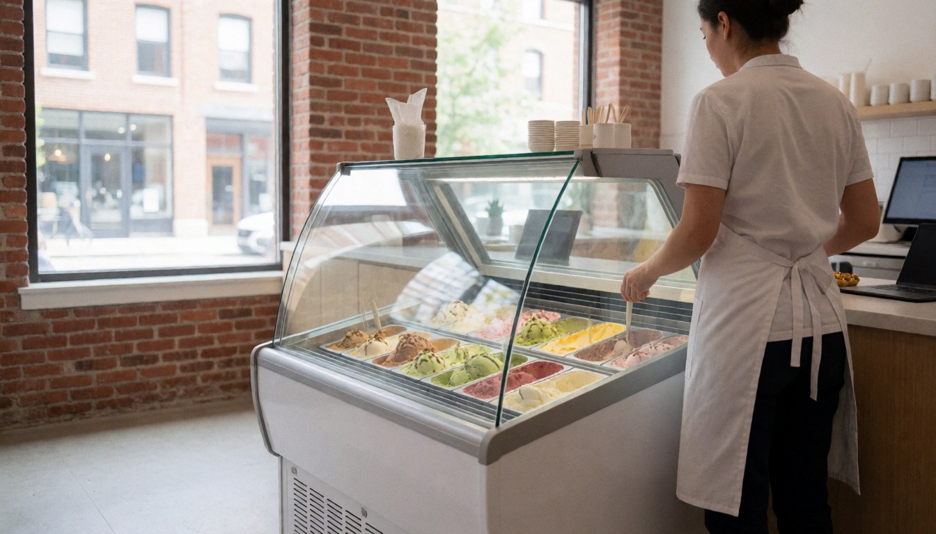A person serving ice cream from a glass freezer in a shop with brick walls and windows