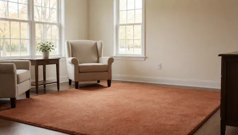 Bright and airy living room featuring a terracotta rug, comfortable furniture, and white walls, creating a warm and safe environment for senior care facilities.