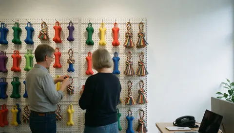 Two individuals arranging nylon and rope dog toys on pegboard walls in a bright, modern pet shop.