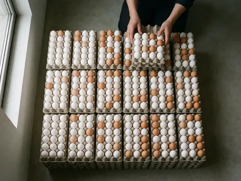 Hands placing white and brown egg cartons on a concrete floor in a poultry farm setting