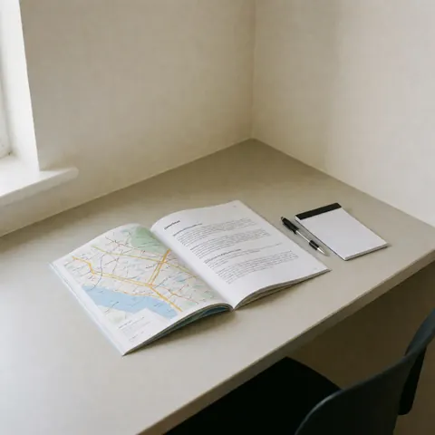 Open travel map, notebook, and pen on a work desk in an office with natural light