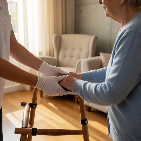 A caregiver wearing white gloves assists an older adult holding a wooden walker in a room with a beige chair and concrete wall.