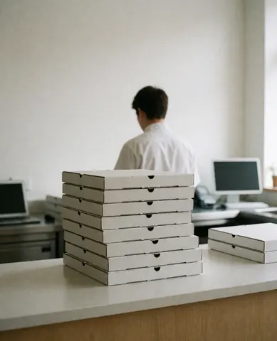 A worker stacking pizza boxes on a counter in a bright kitchen with white walls
