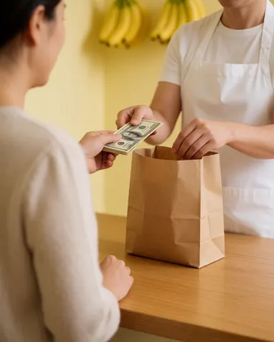 A customer pays with cash while the seller packs fruit into a brown paper bag inside a store with yellow walls.