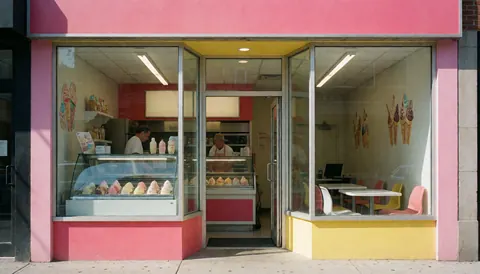 Ice cream parlor featuring a glass display case with treats, pink and yellow walls, and seating area for customers.