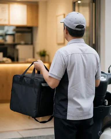 Back view of a food delivery person standing at the entrance of a pizzeria holding a black bag near a scooter.
