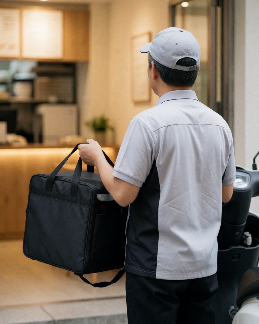 Back view of a food delivery person standing at the entrance of a pizzeria holding a black bag near a scooter.