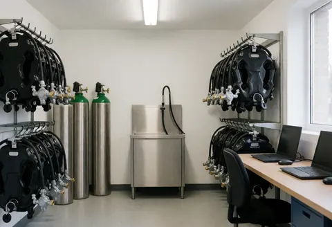 Black bcds hanging on metal racks in a dive school storefront with gas tanks and stainless steel cleaning station