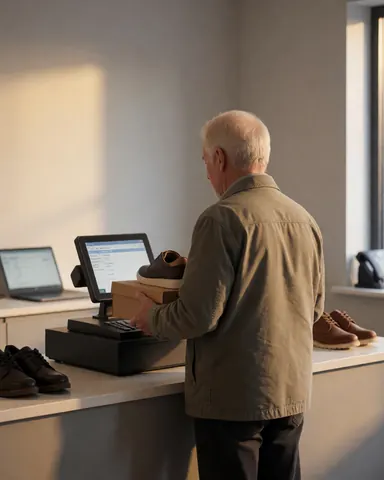 Senior customer paying for shoes at a shoe store counter with gray walls and warm lighting.