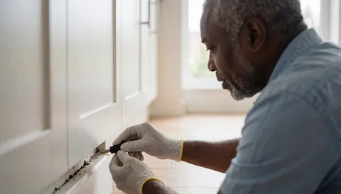 Pest control technician applying gel to a cabinet crack in a clean kitchen while wearing protective gloves