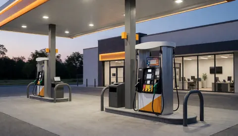 Clean concrete pump island at a modern gas station with illuminated ceiling and fuel pumps, suitable for website hero section