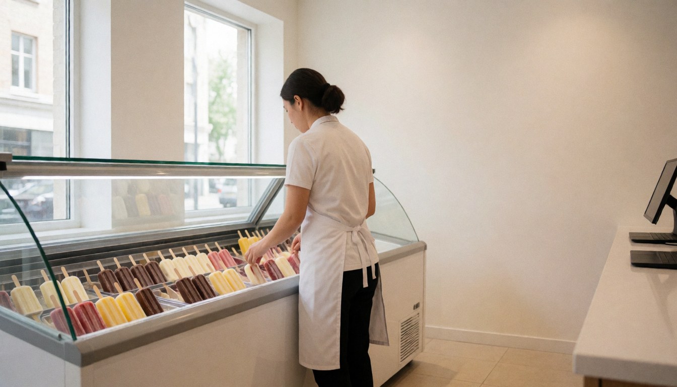 Staff member arranging colorful ice cream flavors in a glass display case within an ice cream shop.