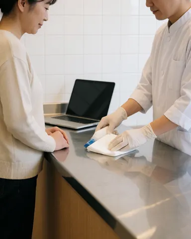 Worker in white uniform cleans stainless steel butcher counter with gloves while customer watches in clean shop