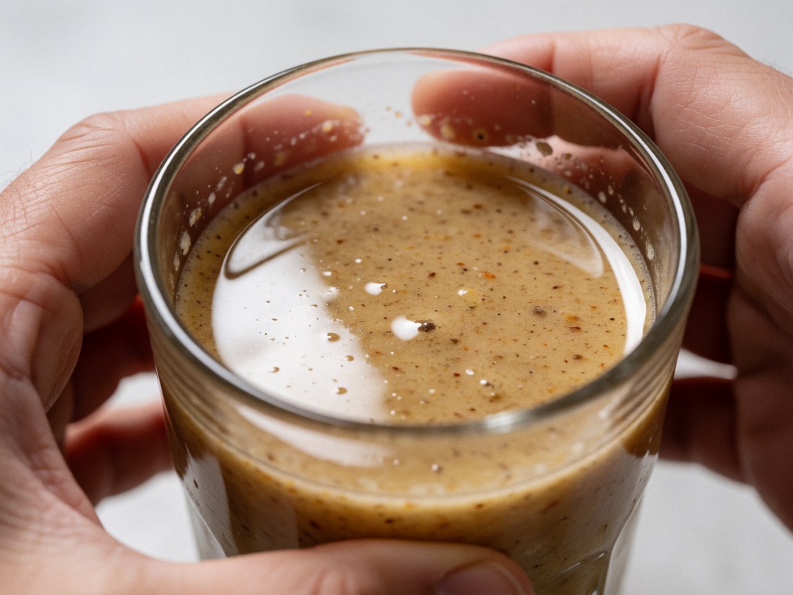 Hands holding a glass of tiger's milk marinade with visible spices and citrus pulp on a polished concrete background