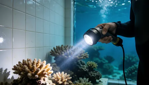 Hand holding an underwater flashlight illuminating corals in an aquarium with a white tiled wall