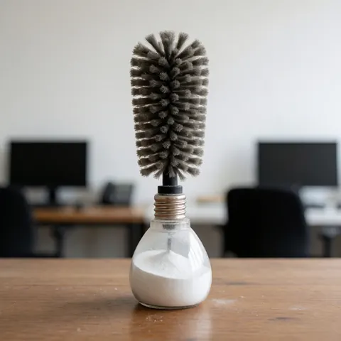 White powder insecticide sprayer shaped like a light bulb resting on a wooden desk with computers in the background
