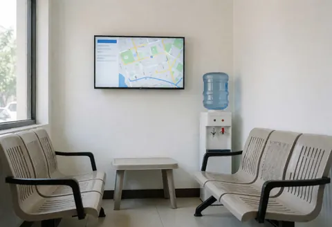 Clean waiting space with plastic seats, table, water dispenser, white wall, and window with natural light