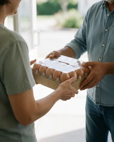 A customer receives a box of fresh eggs from a poultry farm producer during a casual daytime delivery at the entrance.
