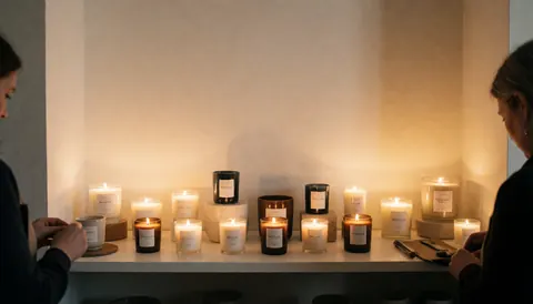 Lit aromatic candles displayed on a wooden shelf in a perfume store with warm lighting and cream walls