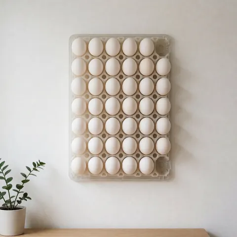 White eggs arranged in an incubation tray against a white wall with natural light, suitable for poultry farm product display