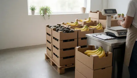 A person weighing bananas on a digital scale in a fruit and vegetable shop with boxes of fresh produce on pallets