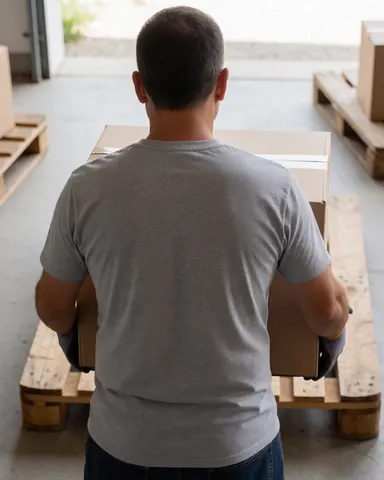 Worker loading a cardboard box onto a wooden pallet in a warehouse with concrete floor