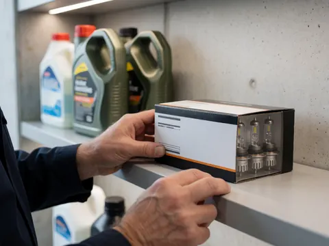 Hands placing a box of light bulbs on a metal shelf with oil bottles in the background at a gas station