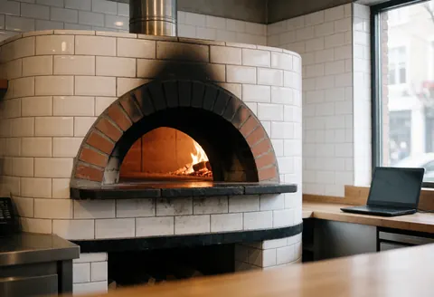 Close-up of an arched pizzeria oven with bright flames, white ceramic tiles, and natural lighting illuminating the interior kitchen space.