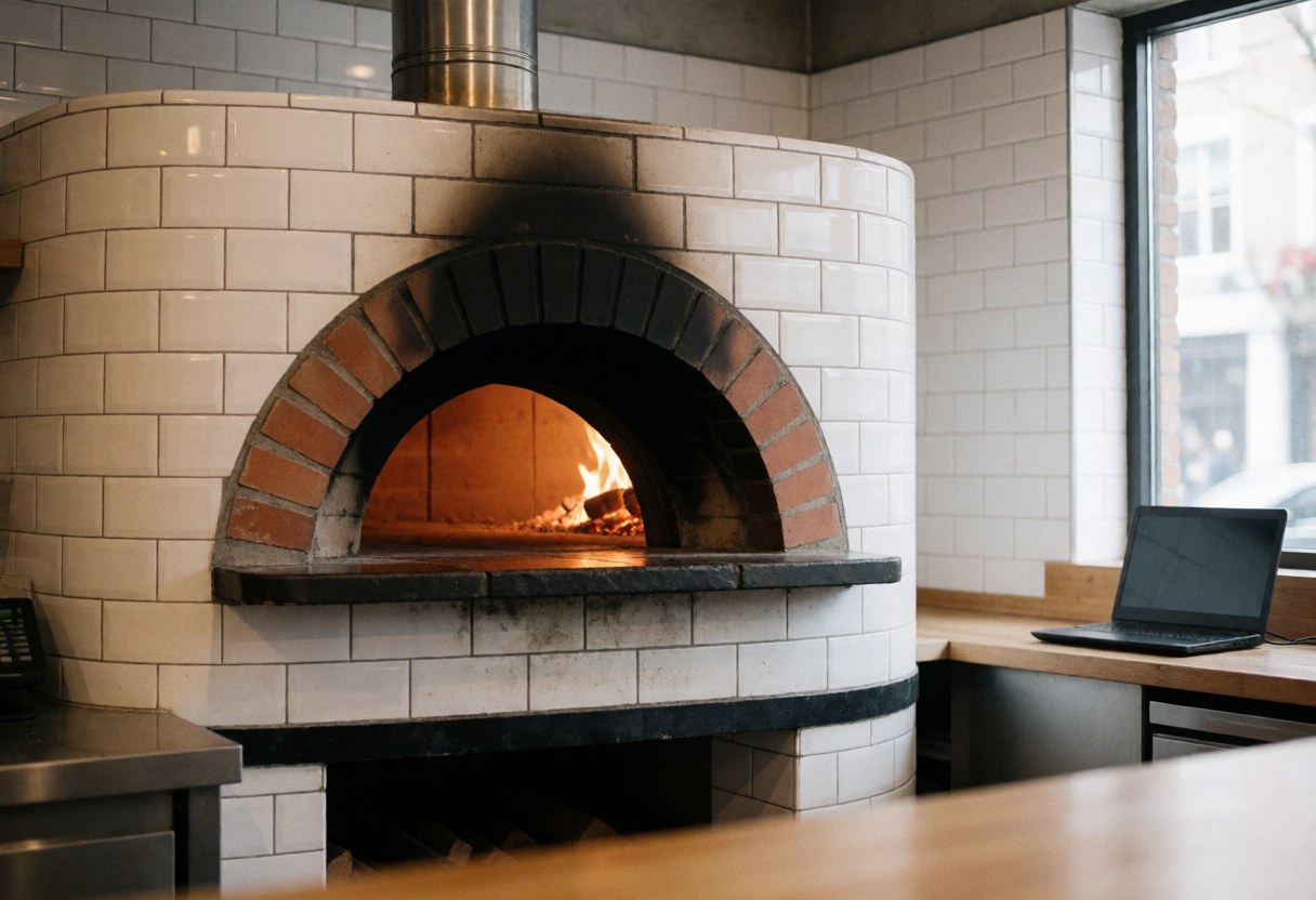 Close-up of an arched pizzeria oven with bright flames, white ceramic tiles, and natural lighting illuminating the interior kitchen space.