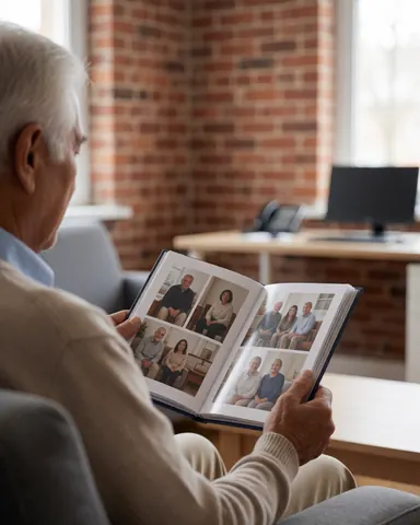 An older adult with white hair reads a photo album in an office with a brick wall, natural light, and a comfortable chair.
